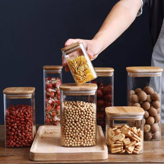 Pot de stockage en verre à haute teneur en borosilicate, avec couvercle en bambou, pots de stockage en verre avec couvercle en bois, conteneurs de stockage des aliments, vente en gros