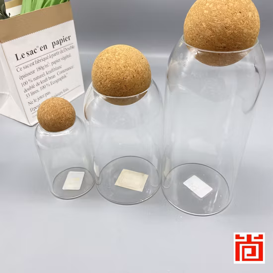 Lot de 3 bouteilles en verre borosilicaté/pot de rangement en verre/verrerie avec couvercle boule en liège pour la cuisine
