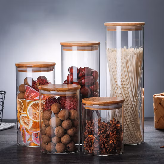 Bocaux de stockage en verre avec couvercles en bambou, verre transparent à haute teneur en Borosilicate, récipients hermétiques pour céréales et aliments de cuisine
