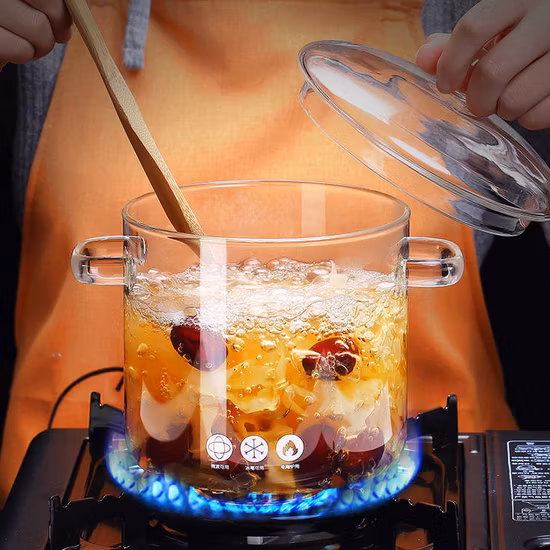 Pot de cuisson de soupe de nouilles en verre borosilicaté ignifuge avec poignée et couvercle en verre